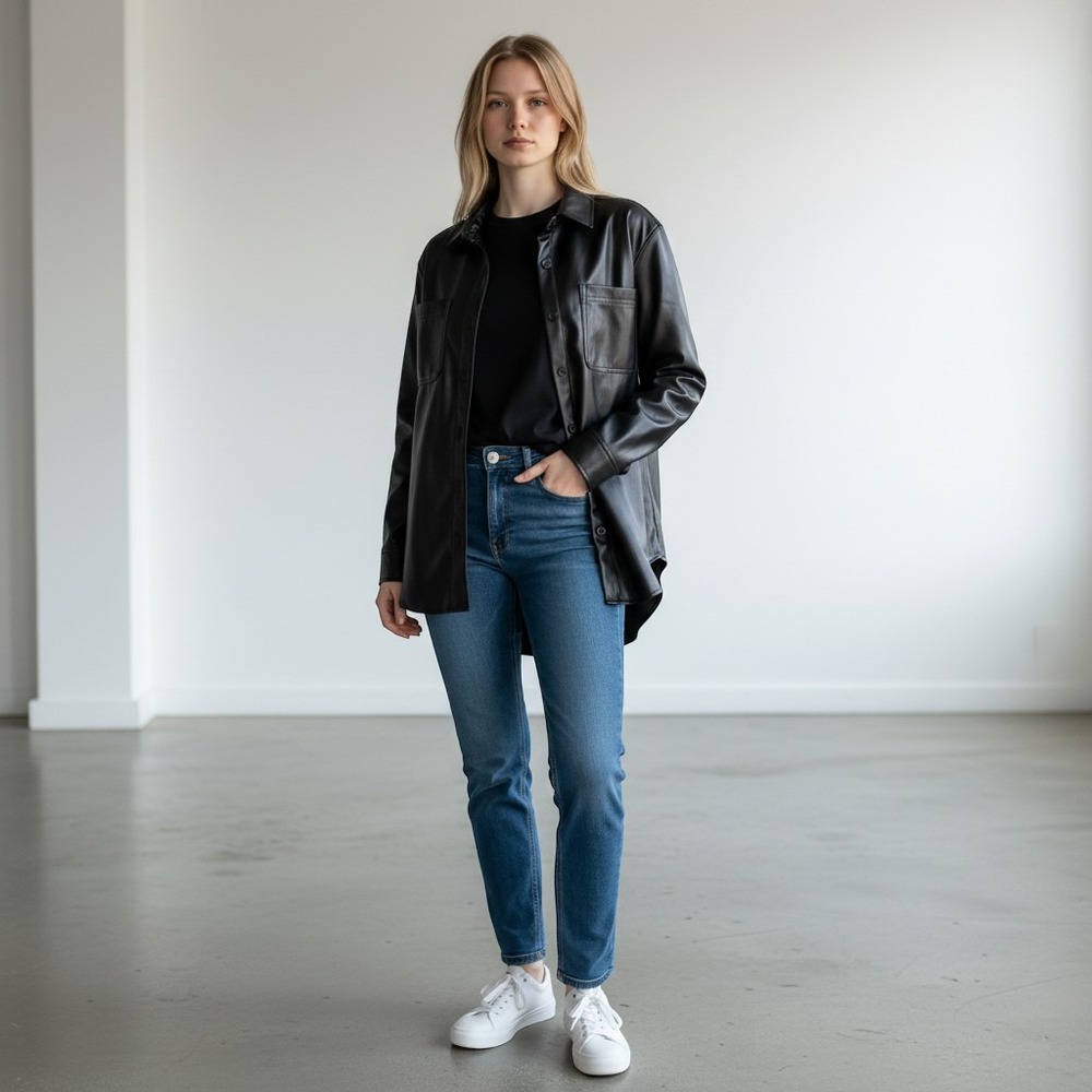 American Eagle Faux Leather Shacket Black Button Down Shirt Jacket Minimalist